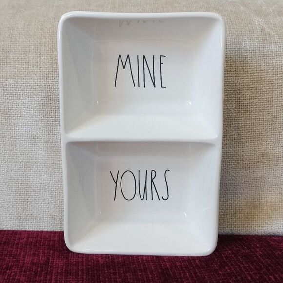RAE DUNN Divided Double Dish MINE/YOURS Trinket Snack Salsa Dish by Magenta - Picture 1 of 9